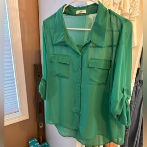 Edge Teal Sheer Button-Up Blouse